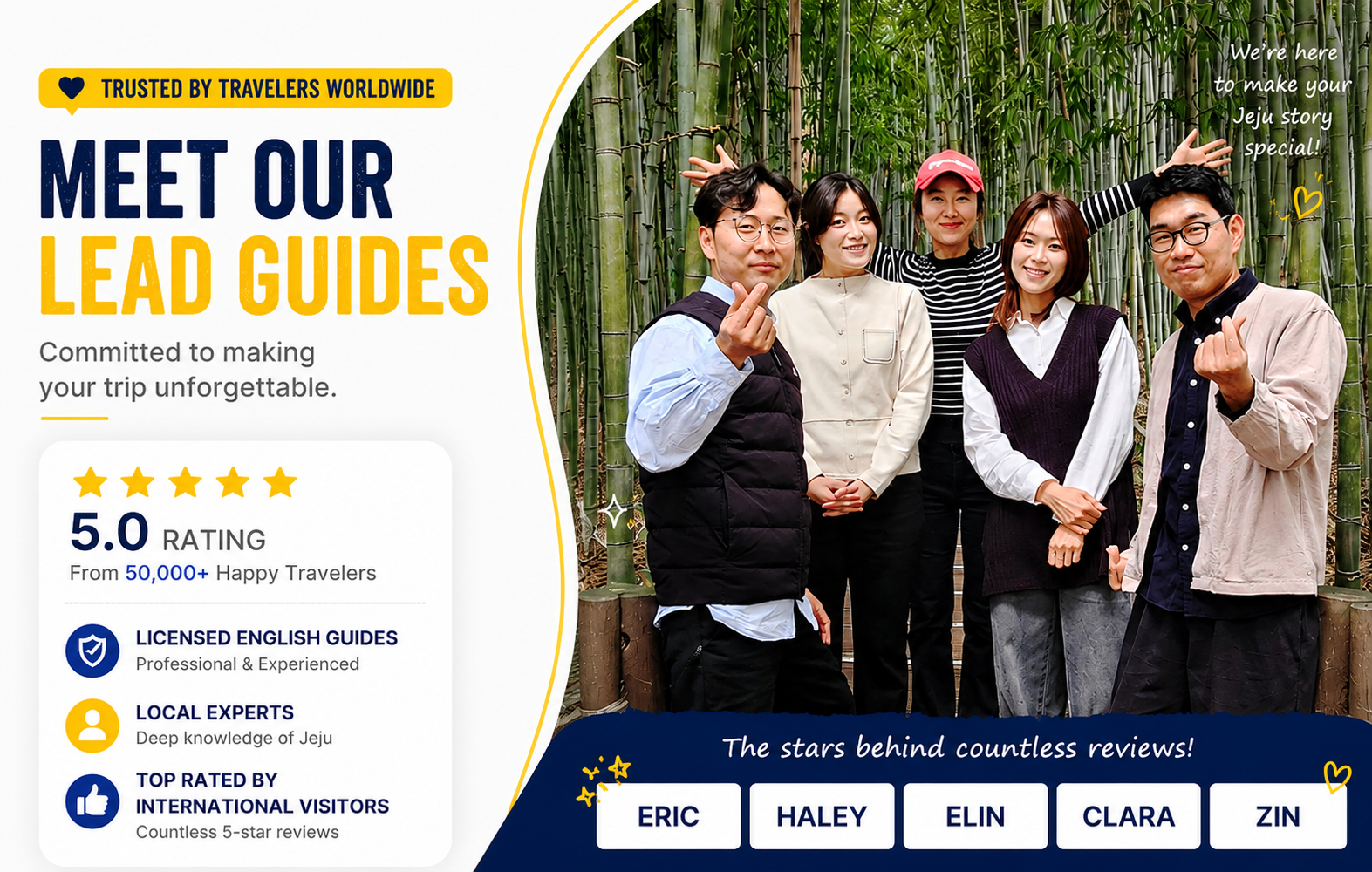 YEHA lead guides — Eric, Haley, Elin, Clara and Zin · 5.0 rating from 50,000+ happy travelers