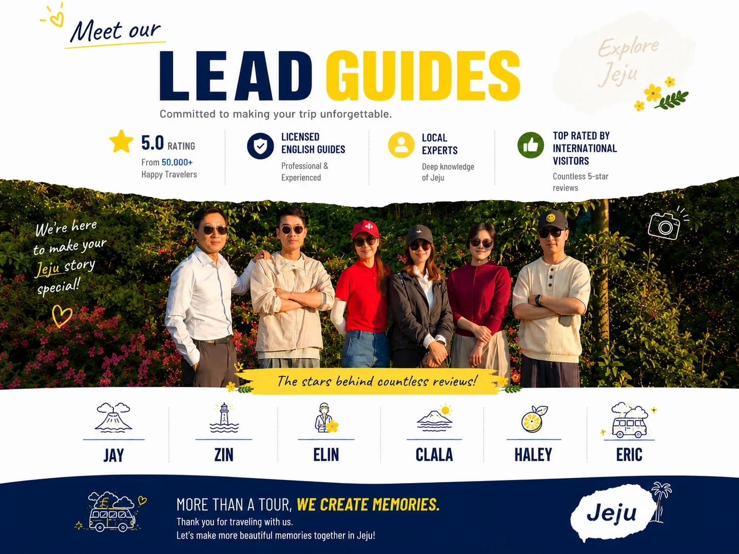YEHA lead guides Jay, Zin, Elin, Clara, Haley and Eric. 5.0 rating from 50,000+ happy travelers